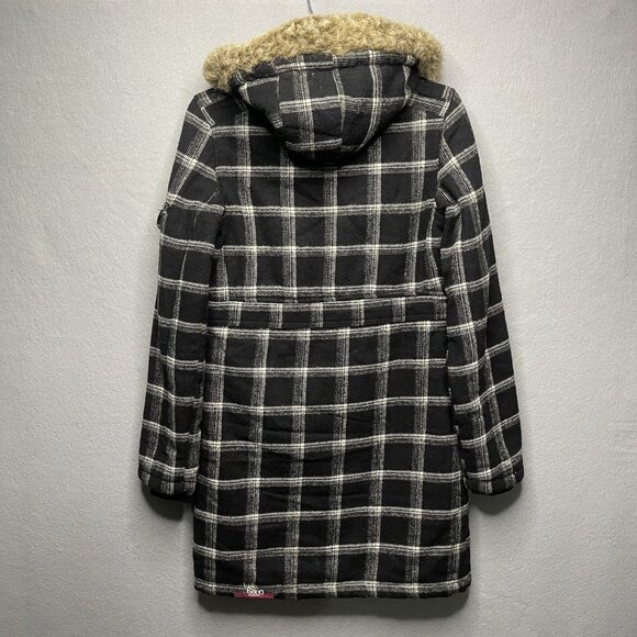 Billabong Coat Women's Black White Plaid Wool Blend Hooded Faux Fur Jacket Small - Picture 10 of 11